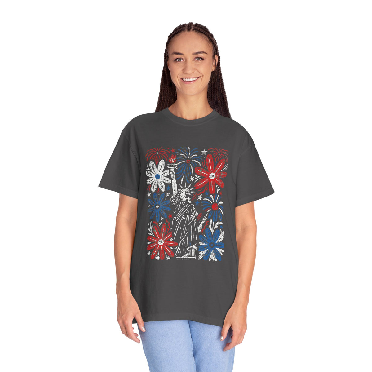 Patriotic Fireworks Shirt, Red White Blue Flower Graphic Tee, Americana T Shirt, Fourth of July Outfit, Vintage USA Gift for Women