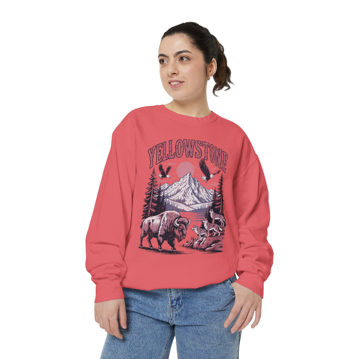 Yellowstone Wildlife Sweatshirt, Bison Wolf Eagle Mountain Crewneck, National Park Lover Gift, Western Nature Graphic Cozy Pullover
