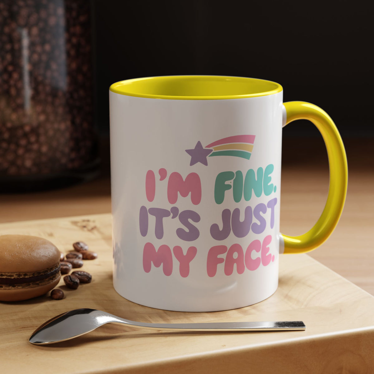 Funny Sarcastic Coffee Mug, I'm Fine It's Just My Face Pastel Quote, Sassy Birthday Gift for a Best Friend or Coworker's Office Coffee Break
