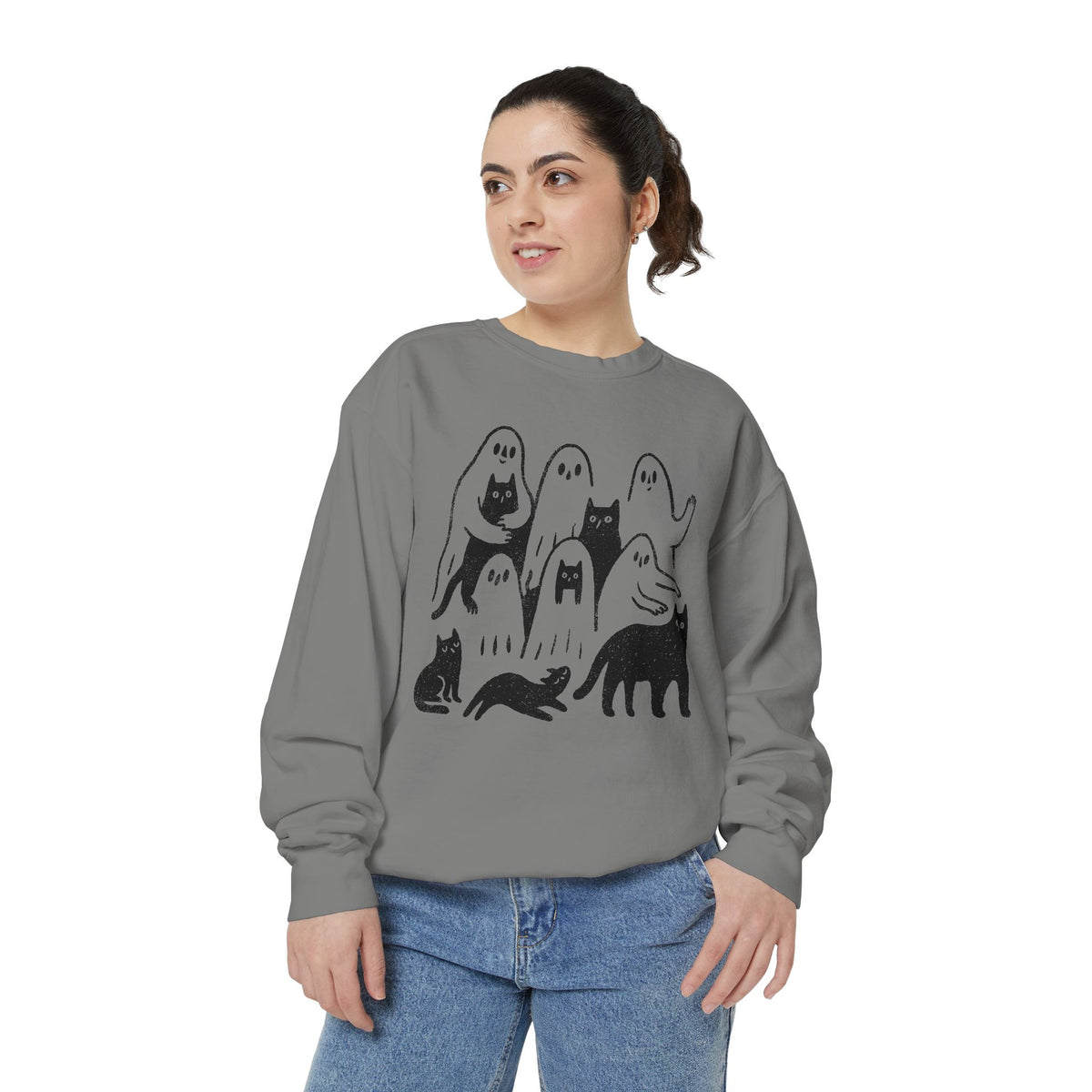 Ghost Cat Halloween Sweatshirt, Cute Spooky Cats and Ghosts Pullover, Cozy Pet Lover Gift, Minimal Black and White Fall Outfit for Women