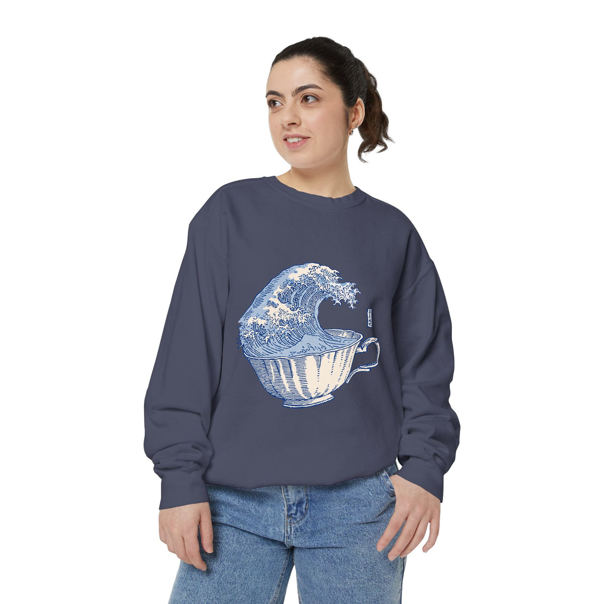 Great Wave Teacup Sweatshirt, Japanese Art Inspired Ocean Graphic, Gift for Tea Lovers and Coastal Art Fans, Casual Cafe Weekend Outfit