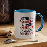 Stars and Stripes Coffee Mug, 4th of July Fireworks Gift for Hostess, America the Beautiful Since 1776 Patriotic Ceramic Tea Cup