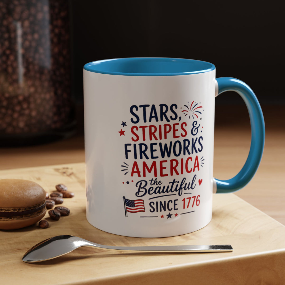 Stars and Stripes Coffee Mug, 4th of July Fireworks Gift for Hostess, America the Beautiful Since 1776 Patriotic Ceramic Tea Cup