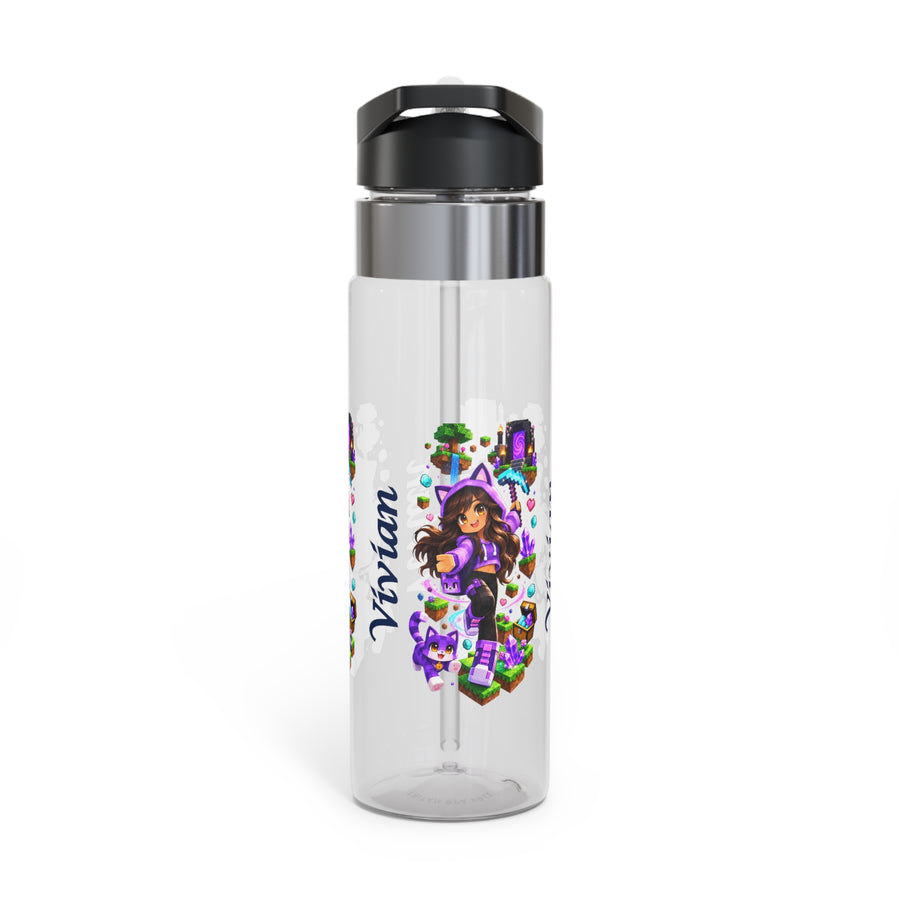 Clear plastic water bottle with a black flip lid and a straw, printed with a girl in a purple cat-ear hoodie beside a purple pet in a blocky game world, the name Vivian in dark script.