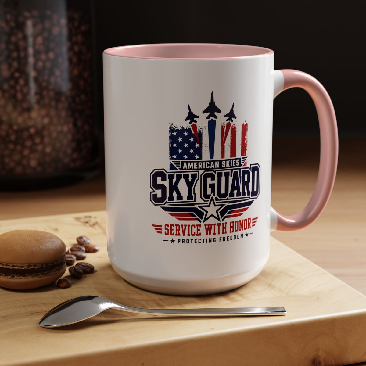 Military Aviation Coffee Mug, American Skies Skyguard Cup, Patriotic Fighter Jet Gift for Pilot, Veteran, Airman or Armed Forces Supporter