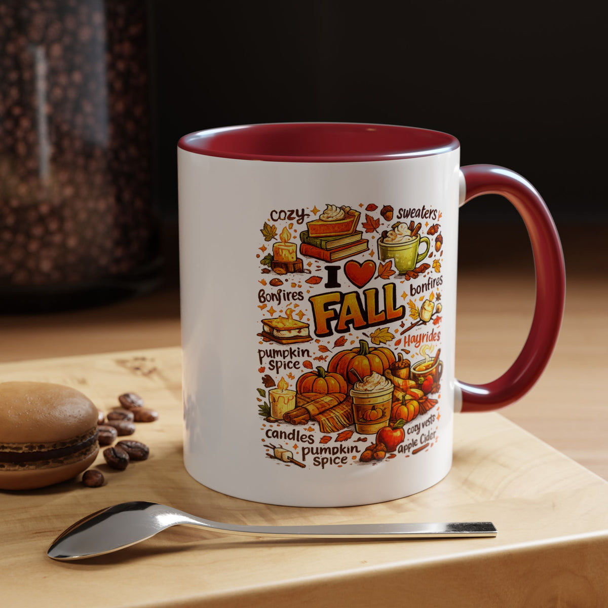 I Love Fall Coffee Mug, Cozy Autumn Pumpkin Spice Cup, Gift for Fall Lover, Book Reader, Teacher or Mom, Thanksgiving Kitchen Decor