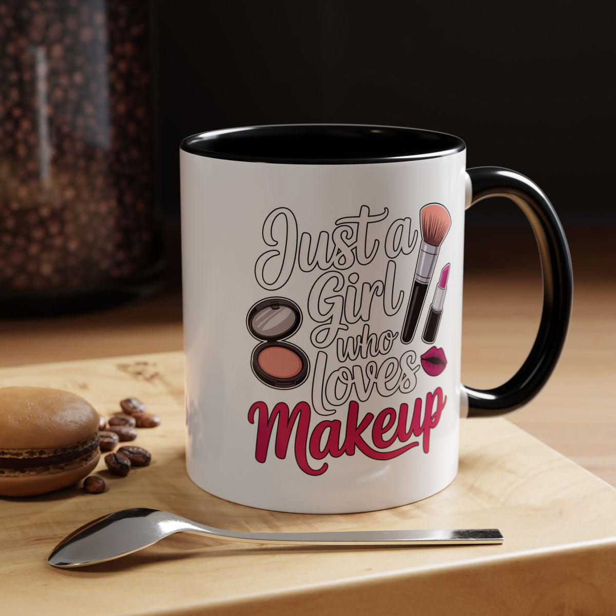 Makeup Lover Coffee Mug, Just a Girl Who Loves Makeup Quote, Lipstick and Brush Design, Birthday Gift for Beauty Enthusiast or Makeup Artist