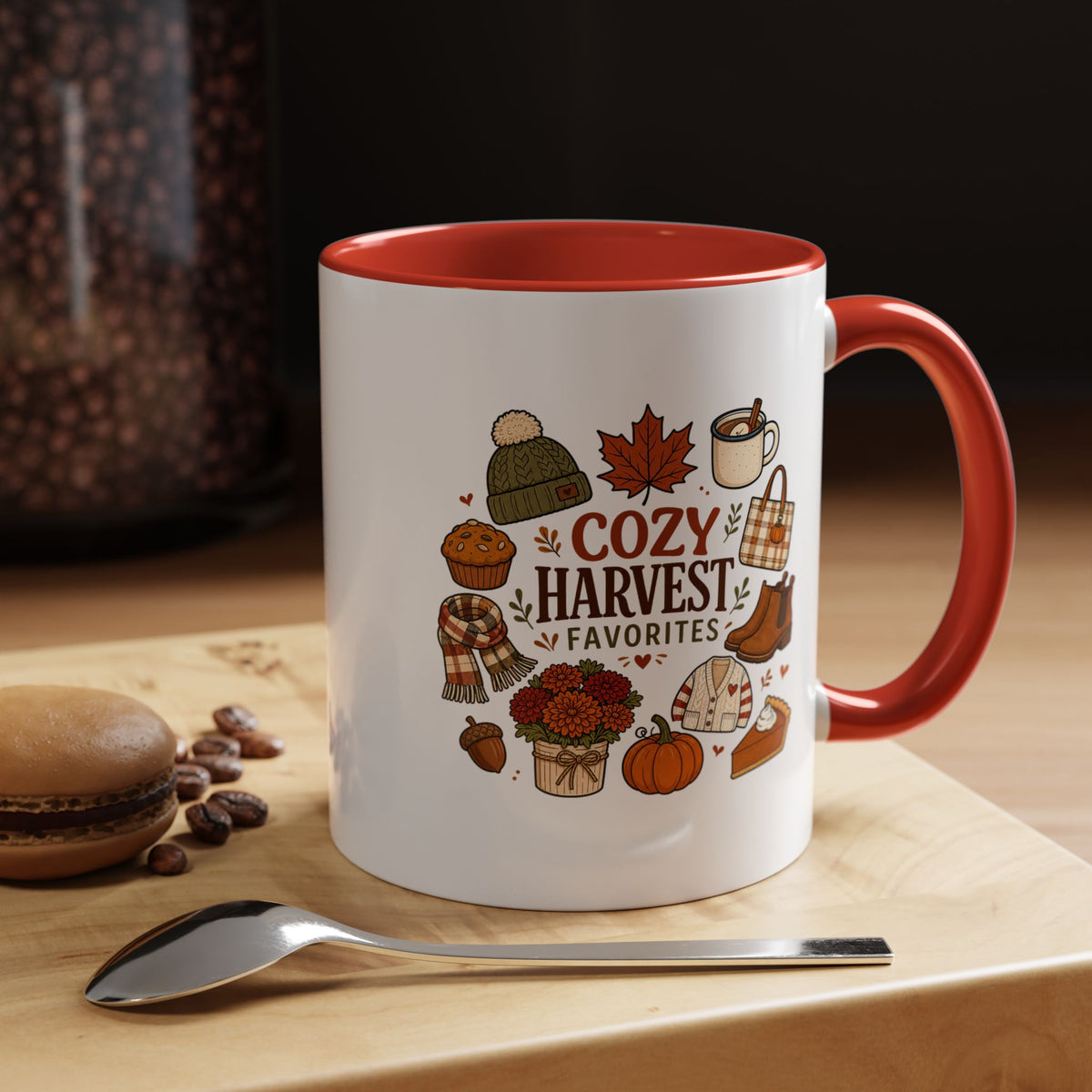 Cozy Harvest Coffee Mug, Cute Autumn Favorites Cup, Fall Gift for Her, Pumpkin Spice Lover Birthday Present, Thanksgiving Kitchen Decor