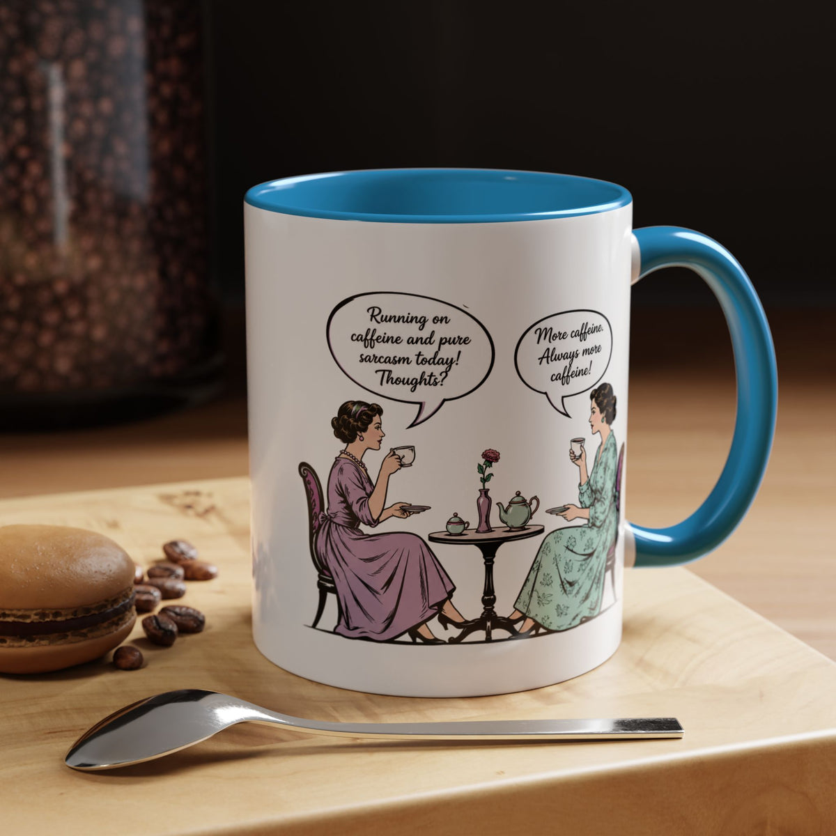 Funny Coffee Lovers Mug, Running on Caffeine and Pure Sarcasm Mug, Vintage Tea Party Coffee Cup, Best Friend Coffee Gift