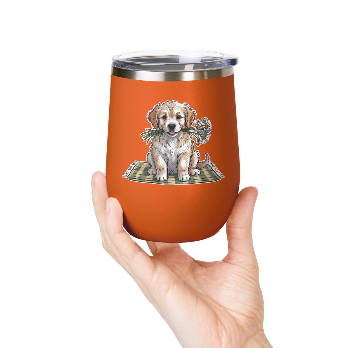 Golden Puppy Wine Tumbler, Cute Dog and Flower Cup, Gift for Dog Moms, Puppy Lovers, Pet Parents and Animal Lovers