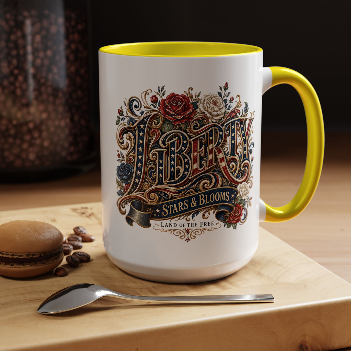 Vintage Patriotic Floral Coffee Mug, Liberty Stars and Blooms Mug, Americana Rose Art Cup, Fourth of July Gift, USA Lover Mug