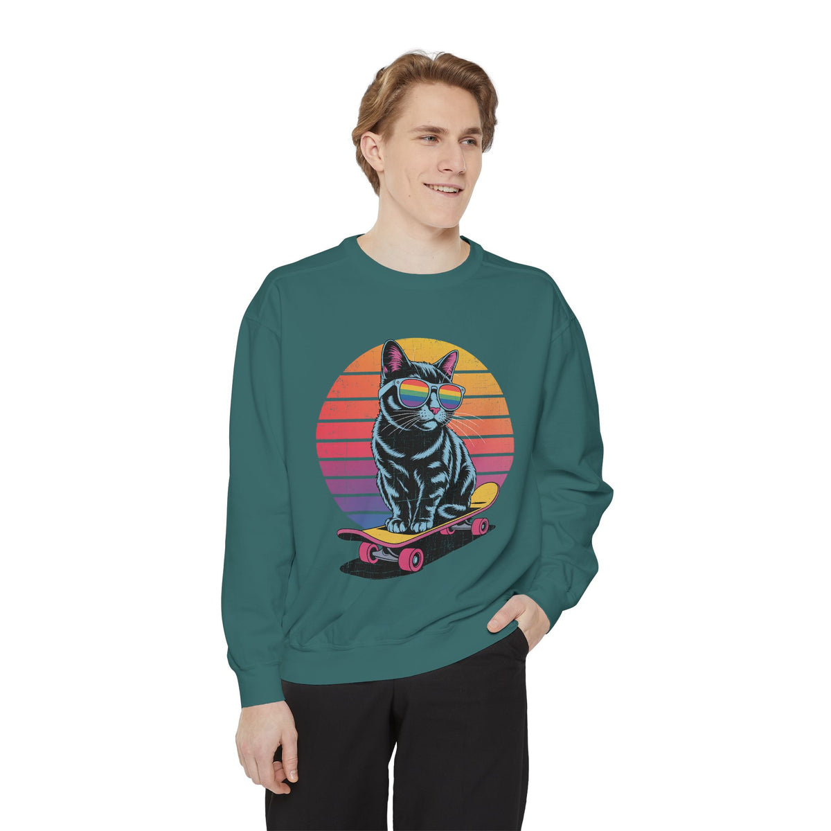 Retro Skateboard Cat Sweatshirt, Rainbow Sunglasses Kitty Crewneck, Funny Cat Lover Gift, Vintage Skater Graphic Cozy Pullover Top