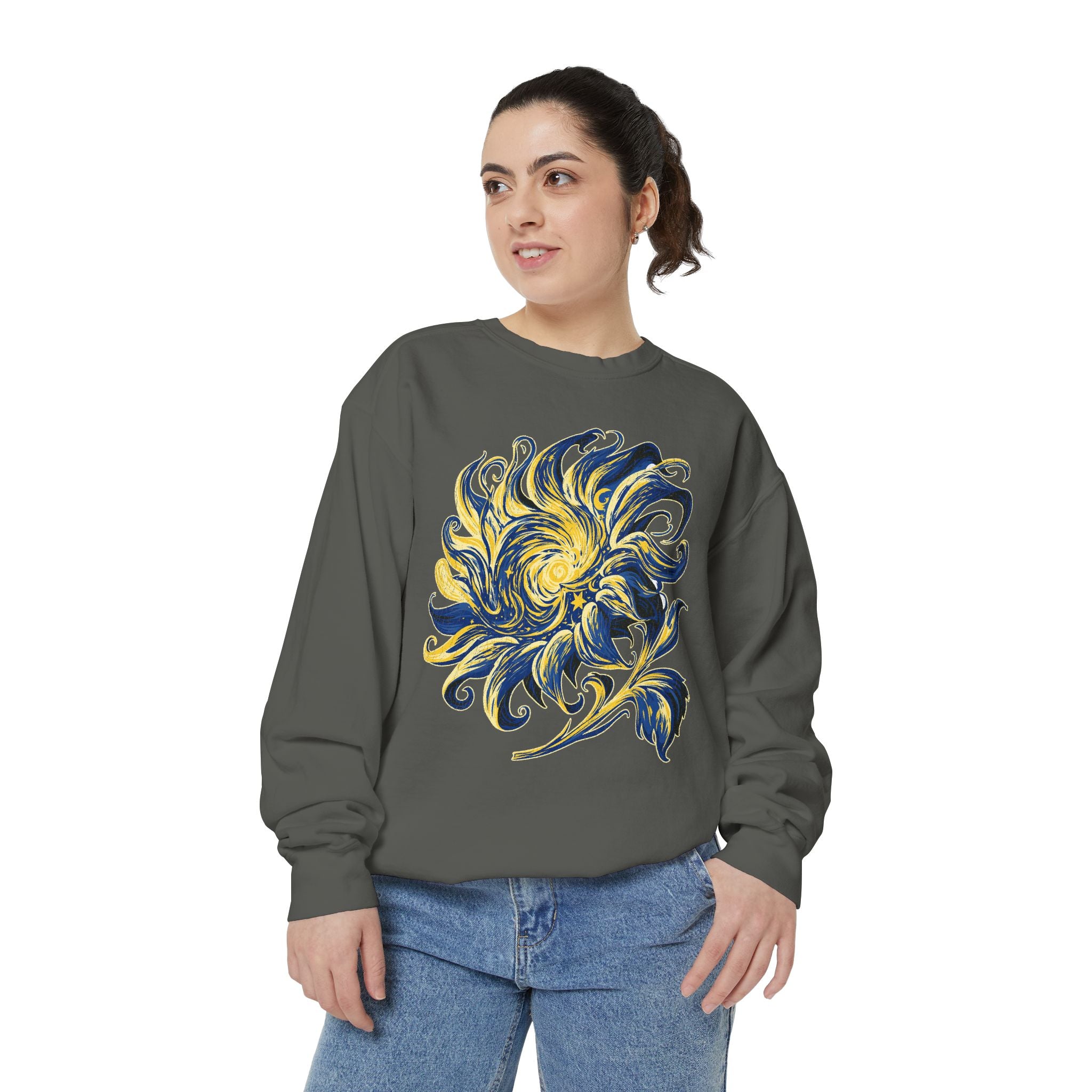 Celestial Sun Graphic Sweatshirt, Blue and Gold Cosmic Pullover, Mystical Night Sky Top, Astrology Gift for Stargazers and Dreamers
