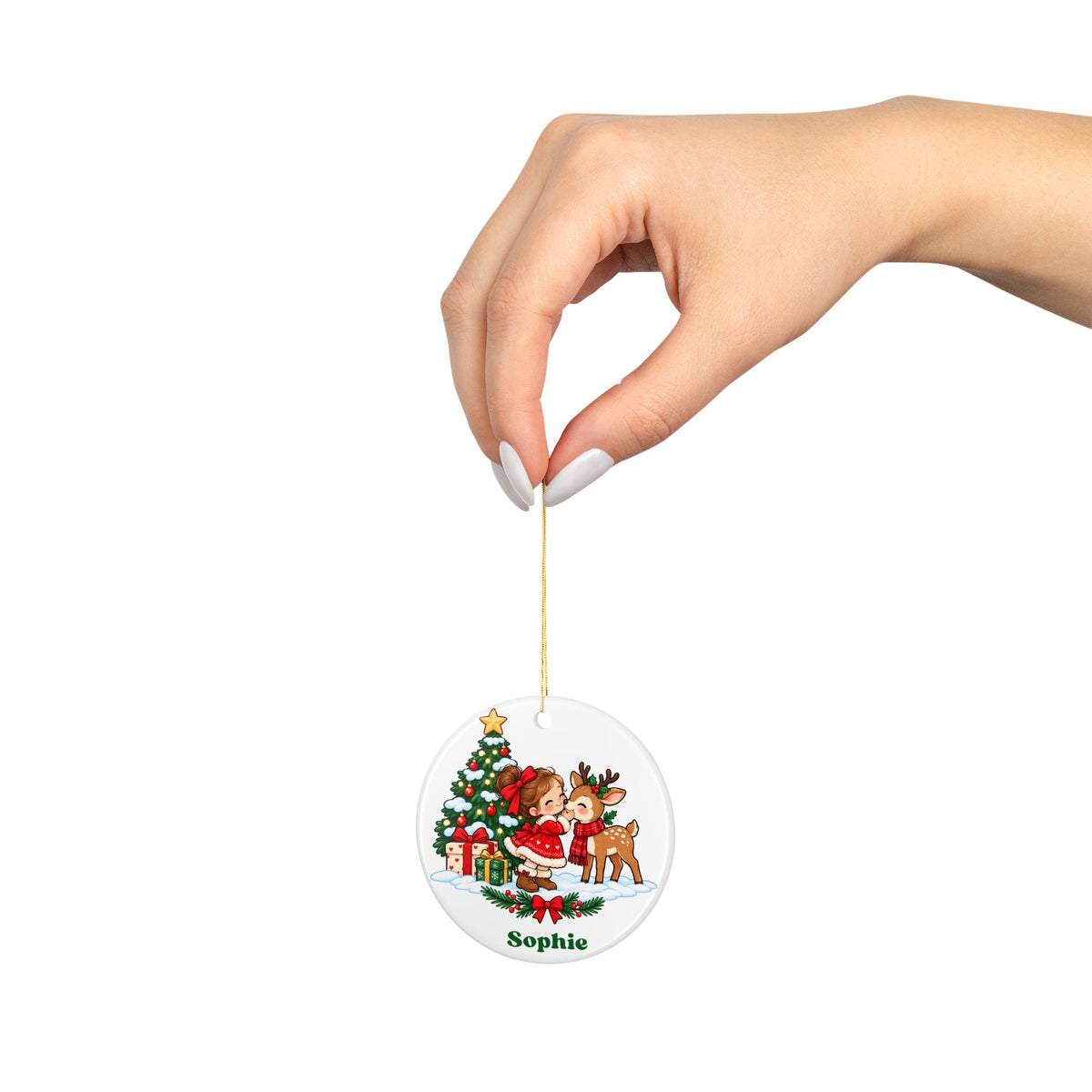 Personalized Girl Christmas Ornament, Custom Name Keepsake with Little Girl and Woodland Deer, Holiday Gift for Daughter or Granddaughter