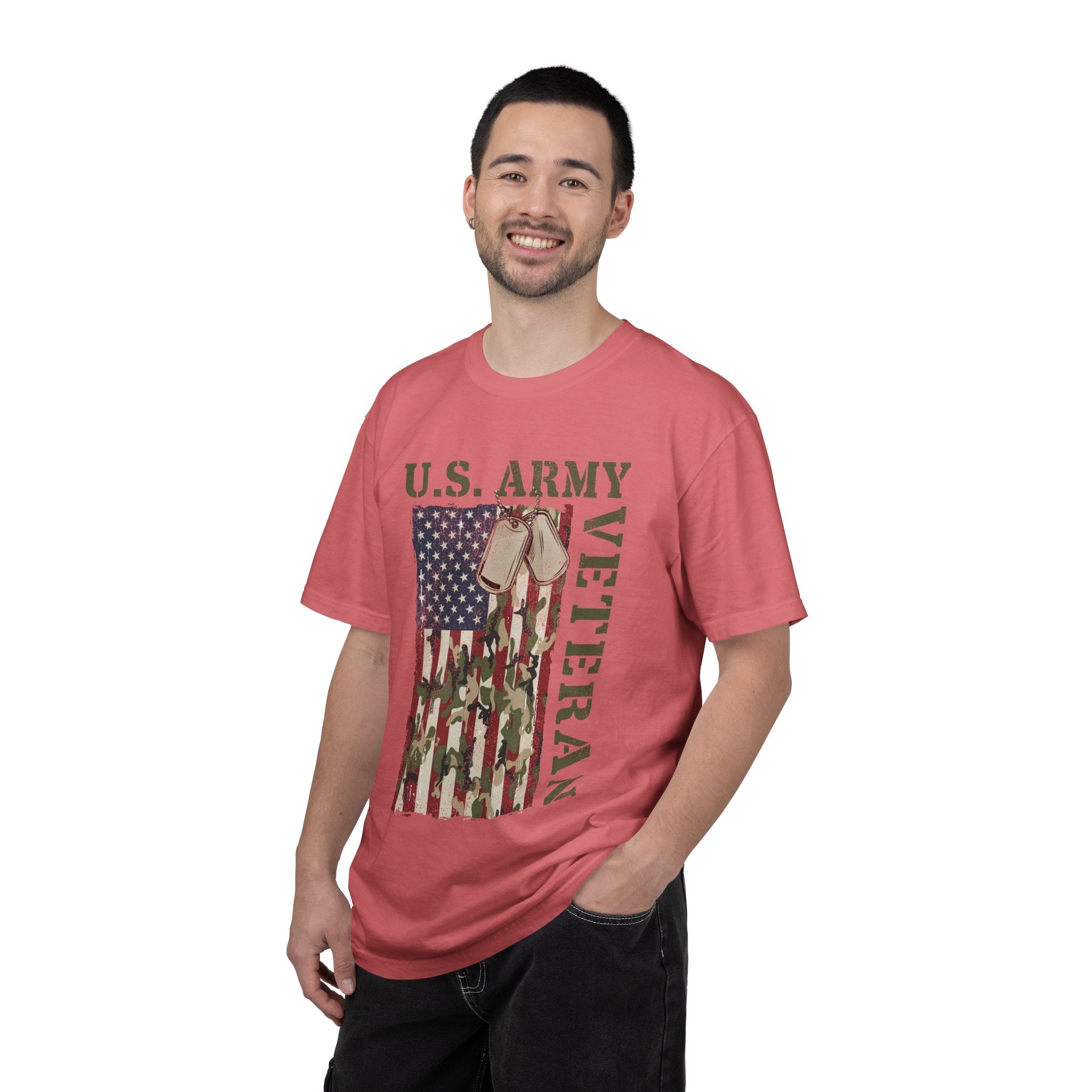 US Army Veteran Shirt, American Flag Camo T-Shirt, Military Dog Tag Tee, Patriotic Gift for Soldier, Retirement or Veterans Day Top