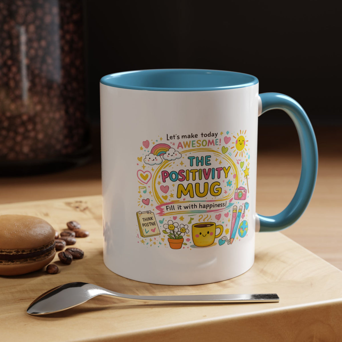The Positivity Mug, Funny Sarcastic Office Gag Gift for Coworkers, Bright Doodle Aesthetic Motivational Coffee Cup with Orange Handle