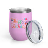 Happy Birthday Wine Tumbler, Pastel Balloons and Cupcake Design, Colorful Drinkware Gift for a Best Friend, Sister or Coworker Celebration