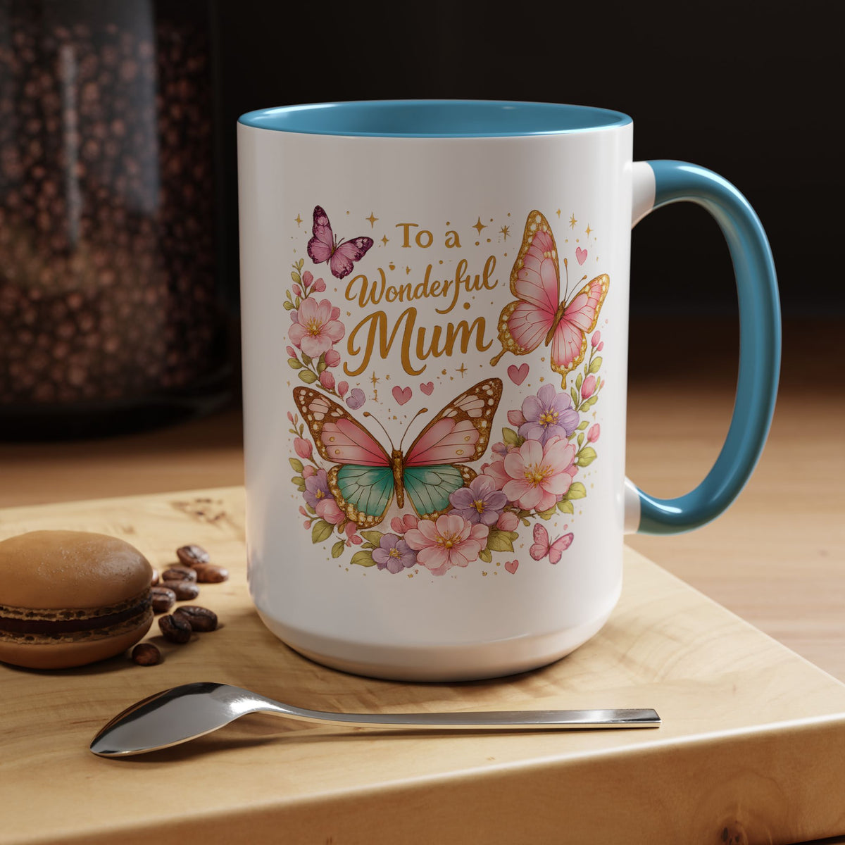 To a Wonderful Mum Coffee Mug, Cute Butterfly Birthday Gift for Mother, Floral Pastel Watercolor Ceramic Tea Cup with Pink Handle, Mum Gift