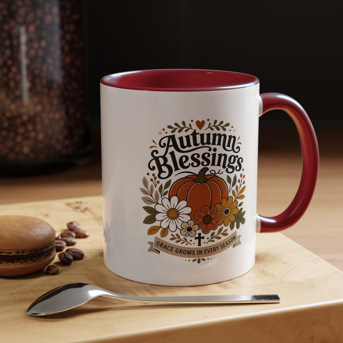 Autumn Blessings Christian Mug, Grace Grows in Every Season Coffee Cup, Faith Based Fall Gift, Floral Pumpkin Thanksgiving Decor