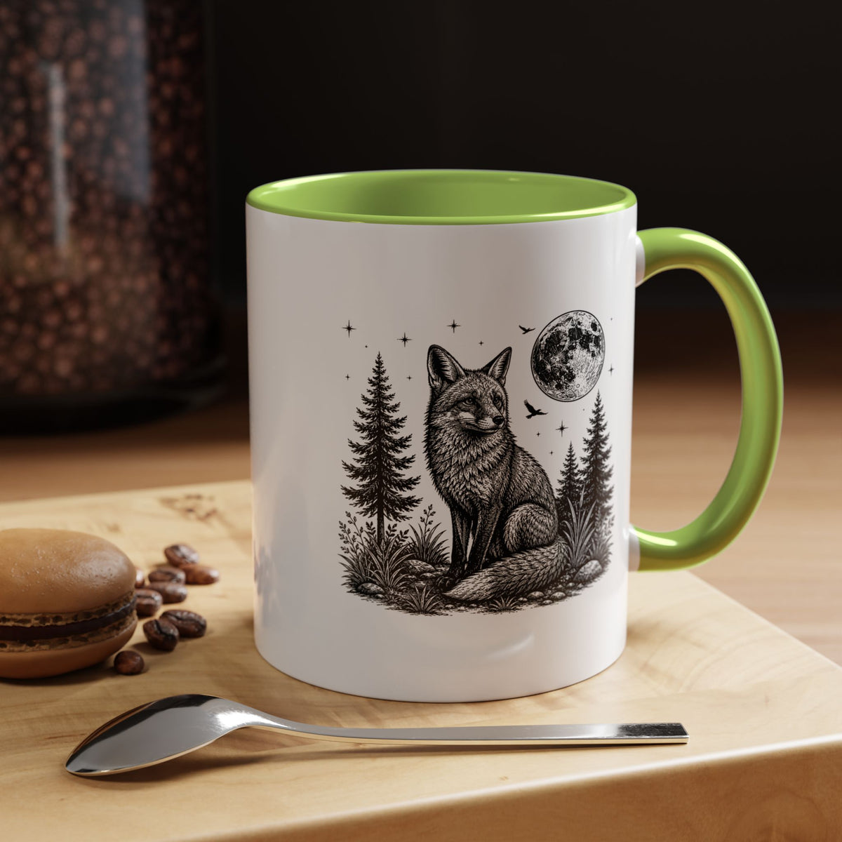 Fox Moon Mug, Black and White Woodland Coffee Cup, Celestial Forest Animal Gift for Fox Lover, Rustic Cabin Decor, Nature Birthday Present