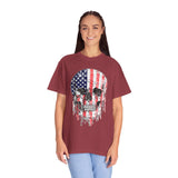 American Flag Skull Shirt, Distressed Patriotic Graphic for Biker Outfits, Fourth of July Style, Birthday Gift for Skull Art Lovers