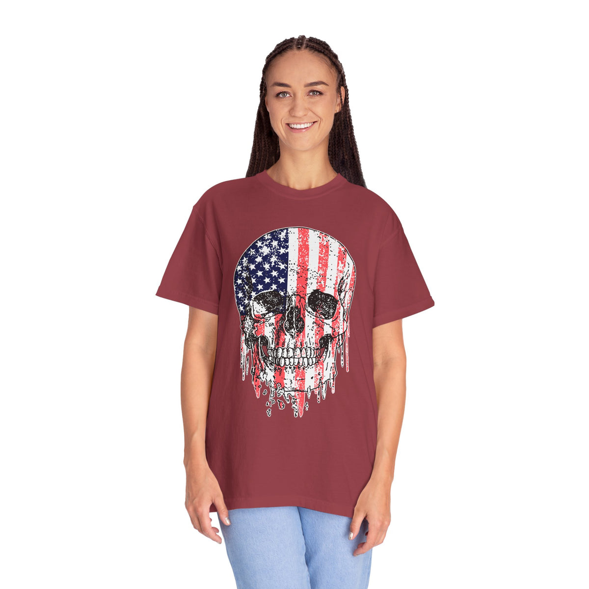 American Flag Skull Shirt, Distressed Patriotic Graphic for Biker Outfits, Fourth of July Style, Birthday Gift for Skull Art Lovers