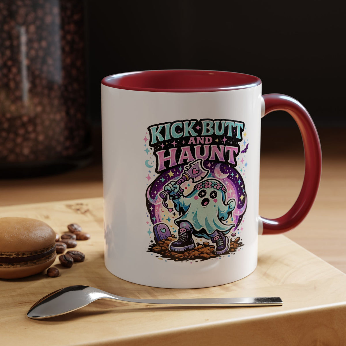 Kick Butt and Haunt Mug, Cute Pastel Ghost Black Accent Coffee Cup, Unique Funny Halloween Gift for Her, Spooky Bestie or Pastel Goth