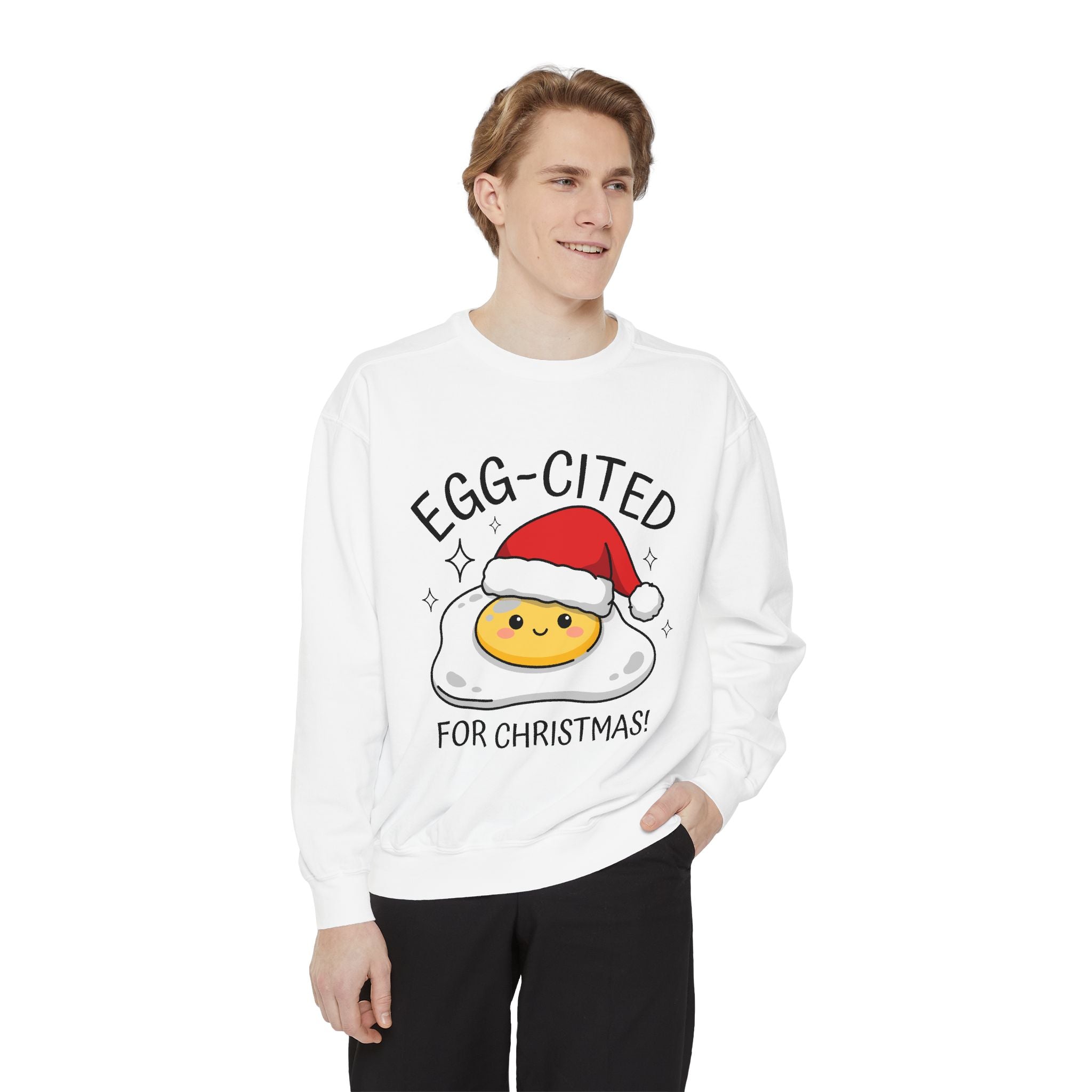 Egg-Cited for Christmas Sweatshirt, Funny Fried Egg Crewneck, Cute Food Pun Holiday Pullover, Christmas Breakfast Gift for Brunch Lover