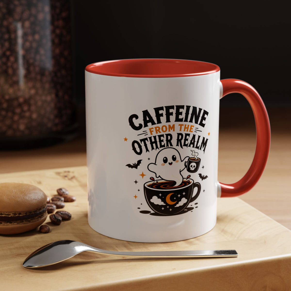 Halloween Ghost Coffee Mug, Caffeine From the Other Realm Black Accent Cup, Funny Spooky Gift for Coffee Lover, Barista or Coworker