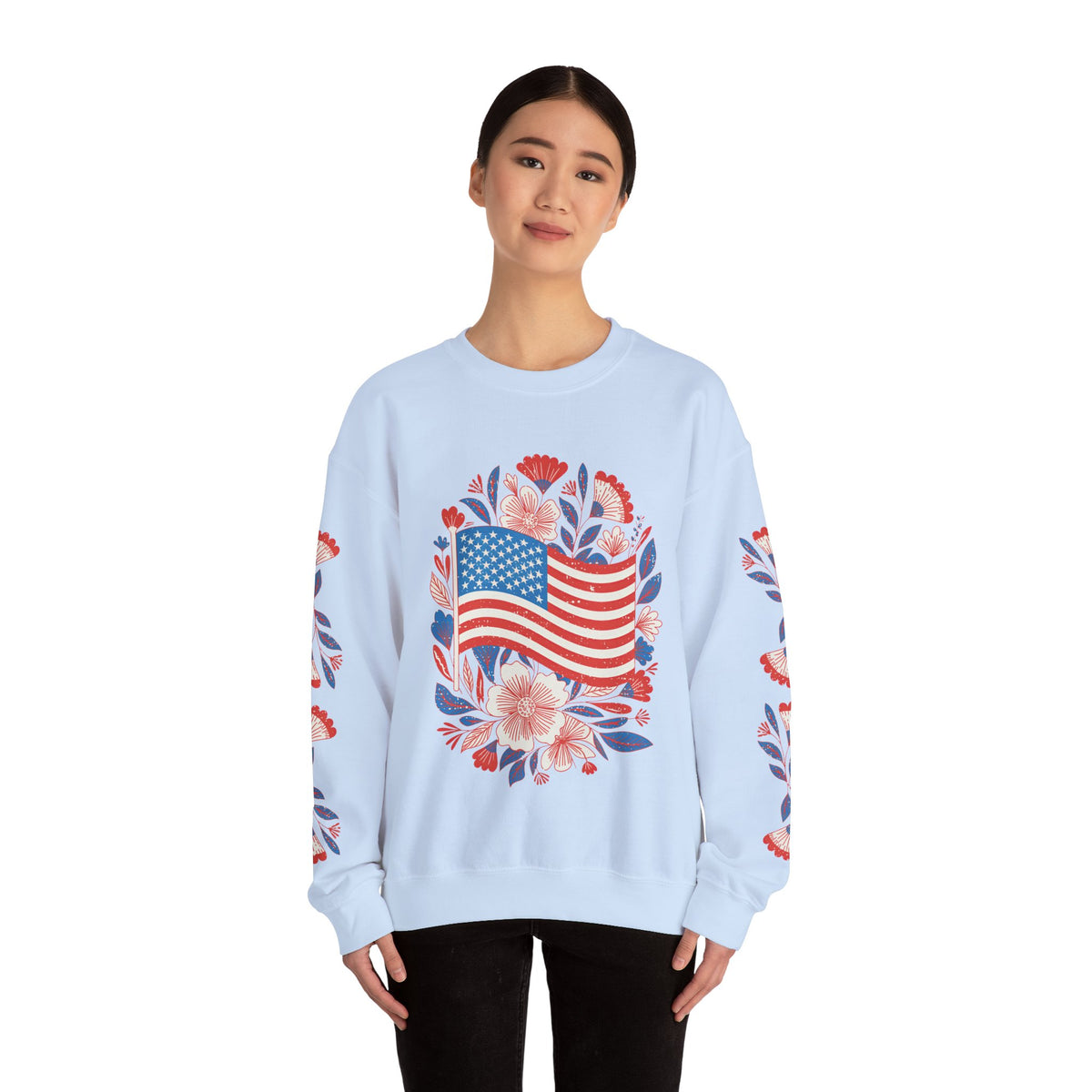 Floral American Flag Sweatshirt, Patriotic USA Pullover, Red White Blue Flower Top, Fourth of July Outfit, Americana Gift for Women