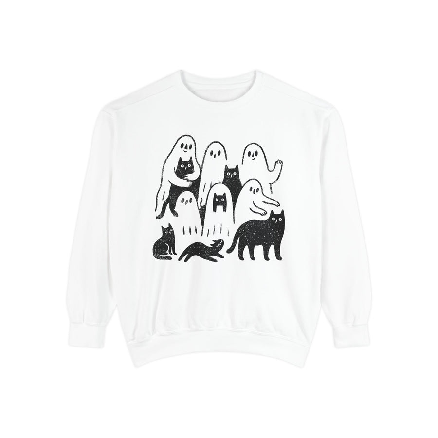 Ghost Cat Halloween Sweatshirt, Cute Spooky Cats and Ghosts Pullover, Cozy Pet Lover Gift, Minimal Black and White Fall Outfit for Women