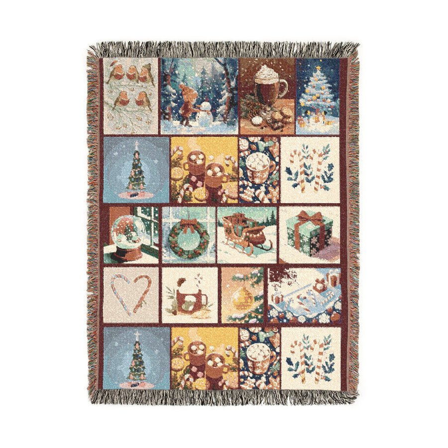 Vintage Christmas Blanket, Retro Holiday Patchwork Throw for Cozy Winter Home Decor, Festive Gnome and Tree Gift, Cottagecore Sofa Blanket