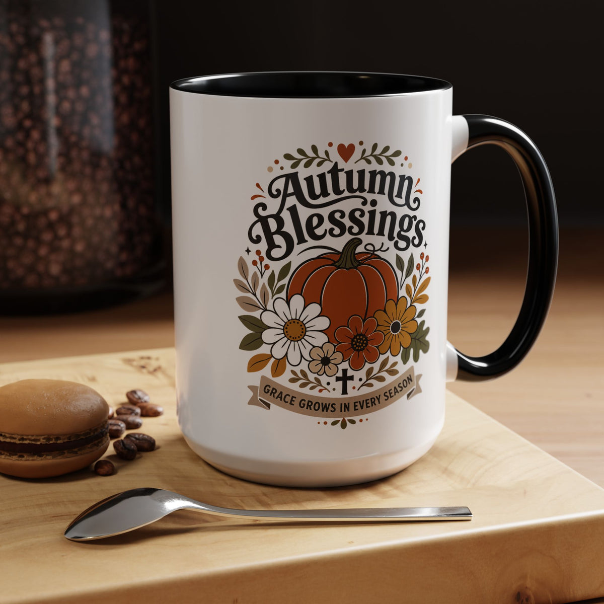 Autumn Blessings Christian Mug, Grace Grows in Every Season Coffee Cup, Faith Based Fall Gift, Floral Pumpkin Thanksgiving Decor