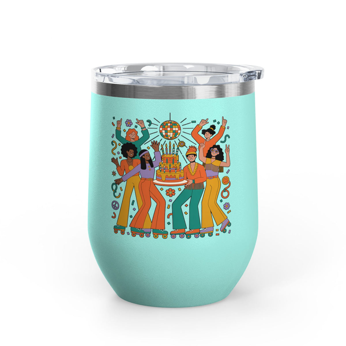 Retro Disco Birthday Wine Tumbler, 70s Roller Skating Party Design, Groovy Drinkware Gift for a Skater Friend Who Loves Vintage Aesthetics