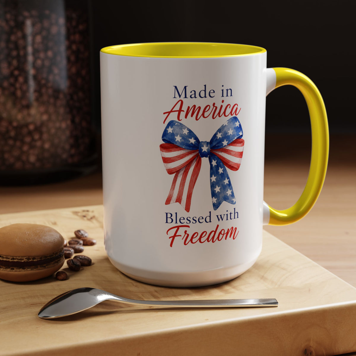 Made in America Blessed with Freedom Mug, Patriotic American Flag Bow Coffee Mug, USA Pride Gift for Women, Fourth of July Cup