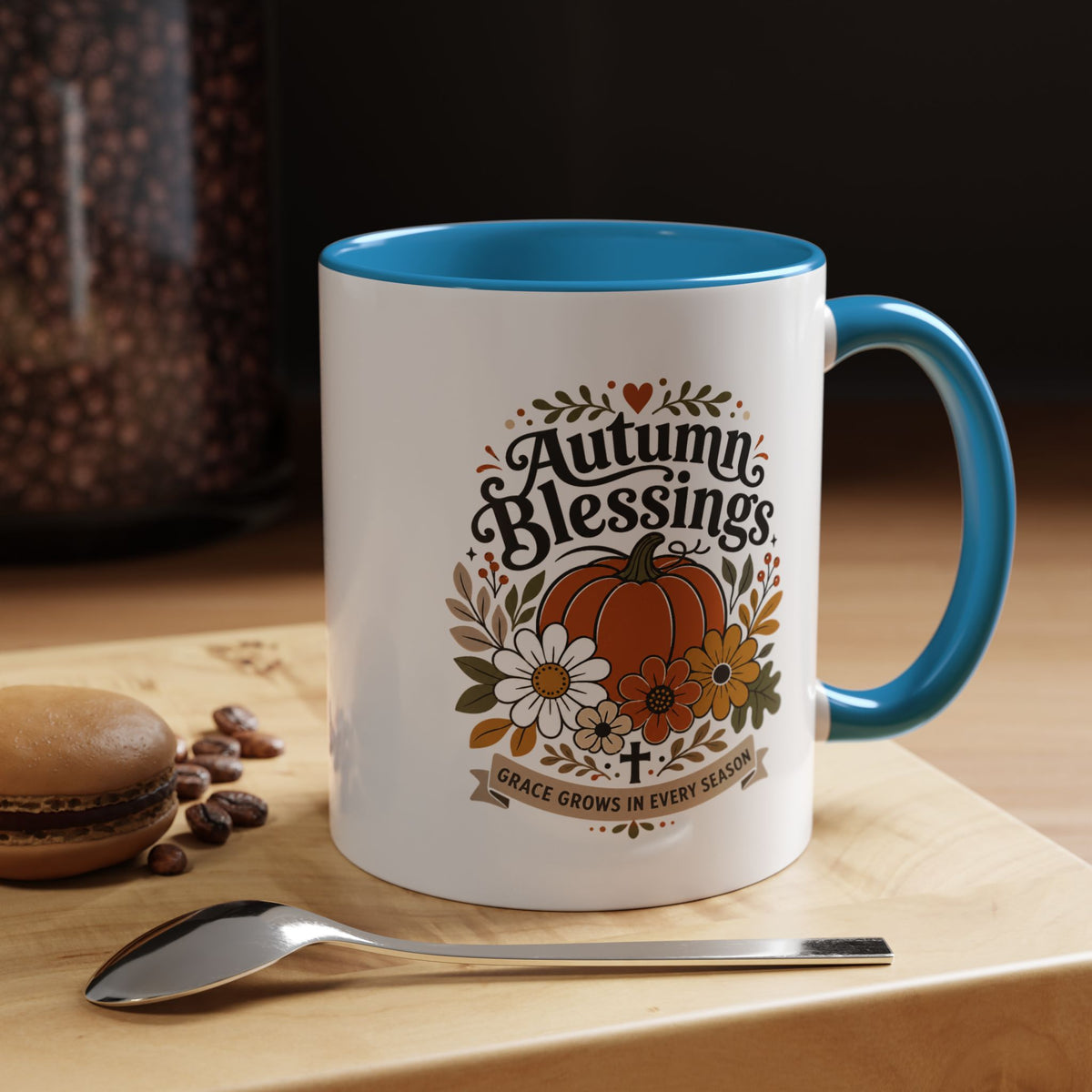 Autumn Blessings Christian Mug, Grace Grows in Every Season Coffee Cup, Faith Based Fall Gift, Floral Pumpkin Thanksgiving Decor
