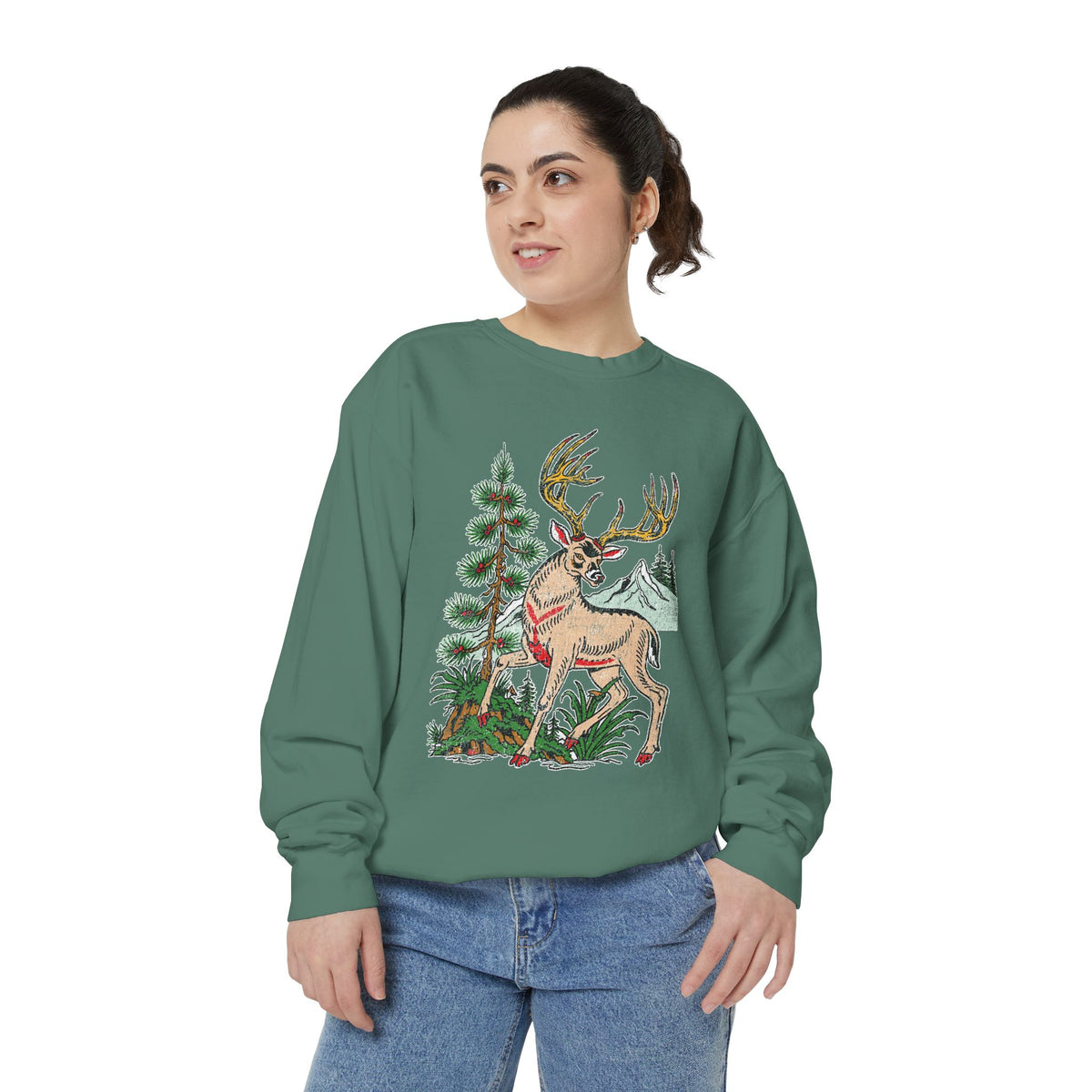 Woodland Deer Sweatshirt, Rustic Stag and Mountain Graphic, Gift for Wildlife Lovers and Hikers, Forest Inspired Cabin Weekend Clothing