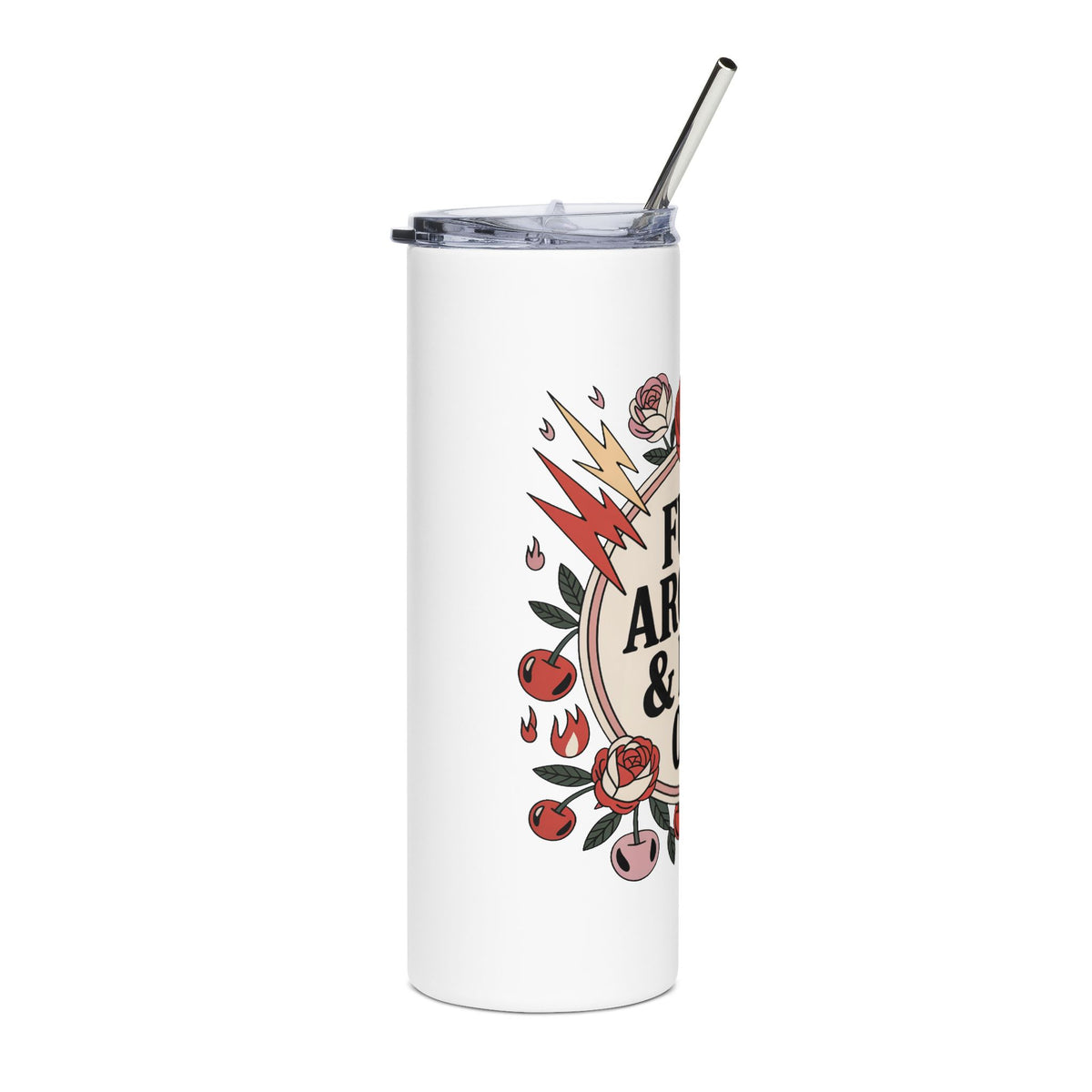 FAFO Skinny Tumbler, Retro Tattoo Roses and Lightning Bolts Travel Cup, Sarcastic Gift for Her, Sassy Coworker Gift, 20oz Stainless Steel