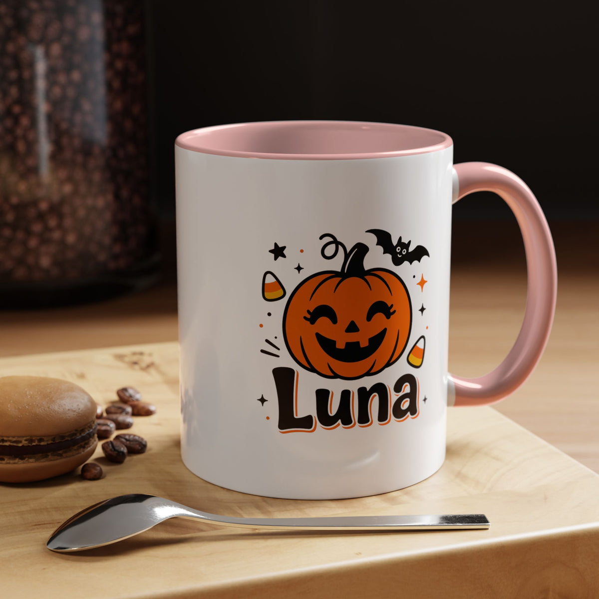 Personalized Halloween Name Mug, Custom Luna Pumpkin Coffee Cup, Cute Kids Trick or Treat Gift, Fall Birthday Present for Little Girl