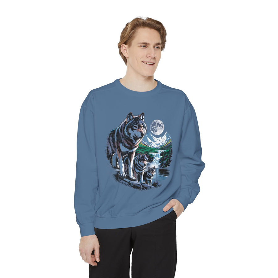 Wolf Pack Mountain Sweatshirt, Moonlit Wildlife Crewneck, Nature Lover Gift, Wilderness Forest Graphic Cozy Outdoor Pullover Unisex Top