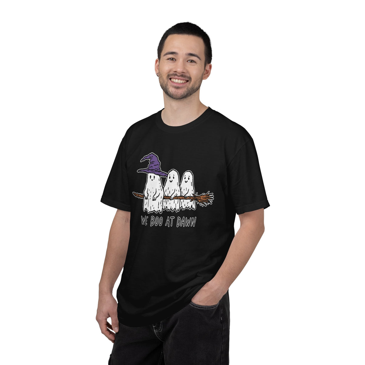 We Boo at Dawn Ghost Shirt, Funny Halloween Witch Broom Graphic Tee, Cute Spooky Season Gift for Friends and Ghost Lovers, October Outfit
