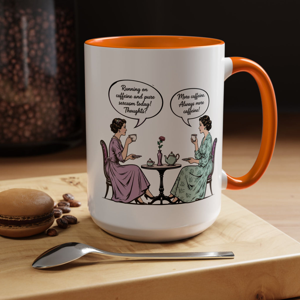 Funny Coffee Lovers Mug, Running on Caffeine and Pure Sarcasm Mug, Vintage Tea Party Coffee Cup, Best Friend Coffee Gift