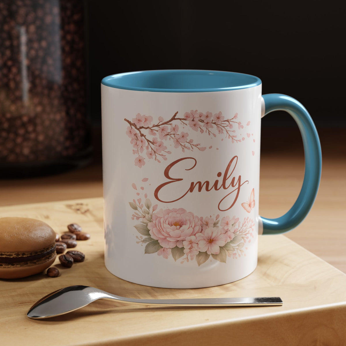 Personalized Floral Name Mug, Custom Coffee Mug with Name, Pink Flower Mug for Women, Birthday Gift, Bridesmaid Keepsake Cup