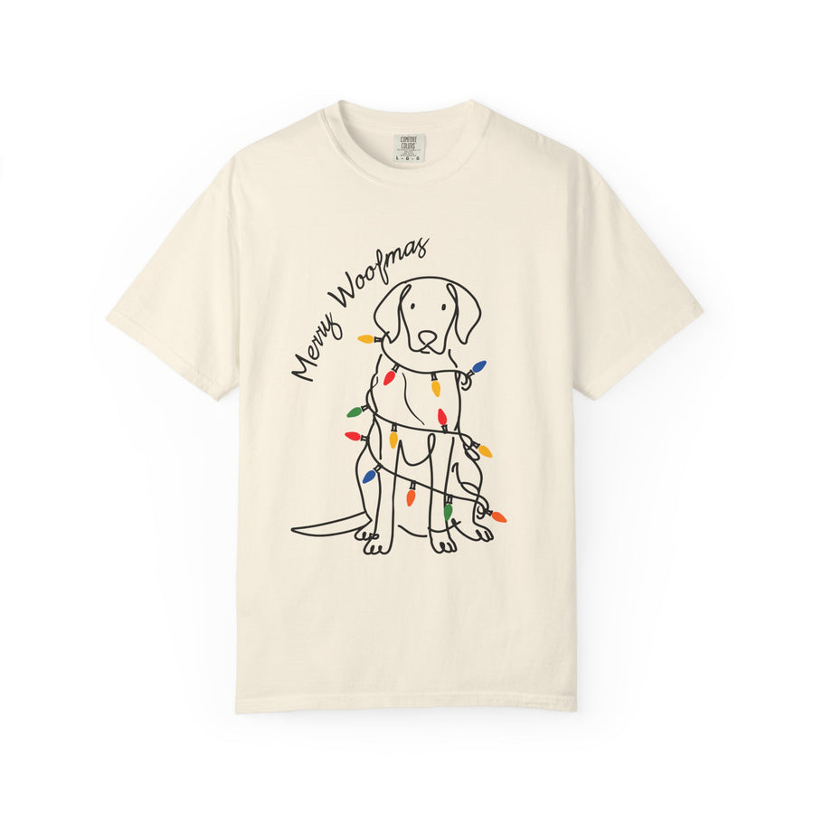 Merry Woofmas Dog Shirt, Funny Christmas Puppy T-Shirt, Holiday Lights Pet Lover Tee, Cute Gift for Dog Mom, Dog Dad or Family Party