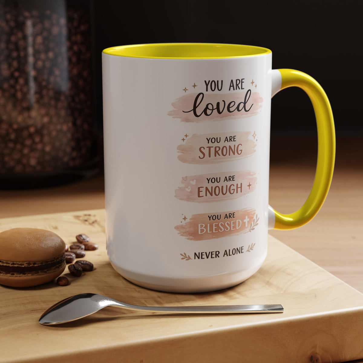 You Are Loved Strong Enough Blessed Coffee Mug, Encouraging Mental Health Gift for Friends, Cute Inspirational Daily Affirmations Tea Cup with Pink Handle