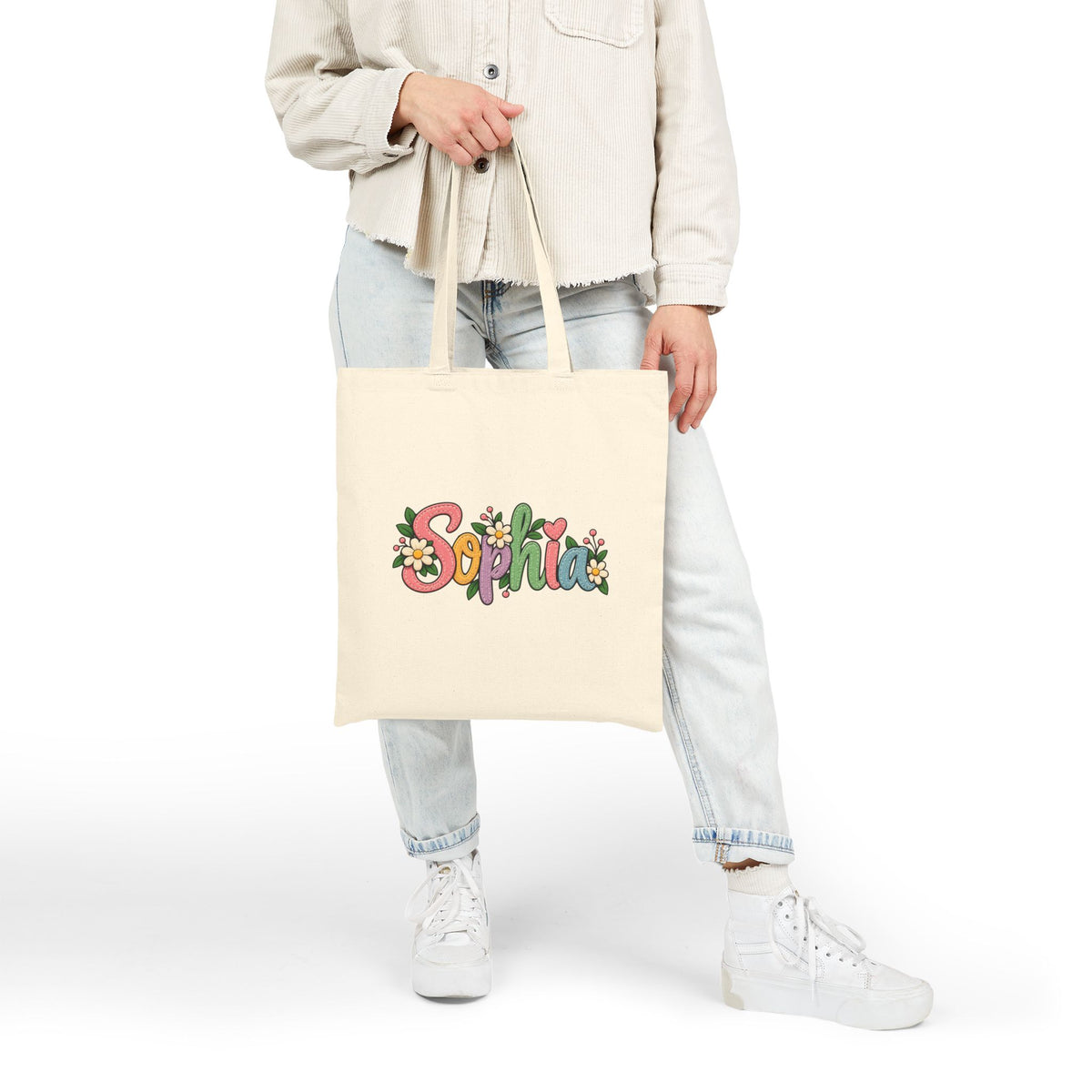 Personalized Name Tote Bag, Natural Cotton Canvas 15x16, Pastel Floral Lettering, Daisy Heart Custom Shopper