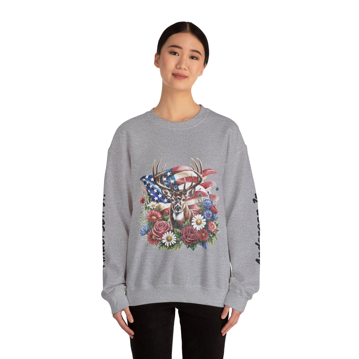 Personalized Hunting Family Sweatshirt, Custom Deer Patriotic Pullover, American Flag Floral Crewneck, Family Gift, Outdoorsman Shirt