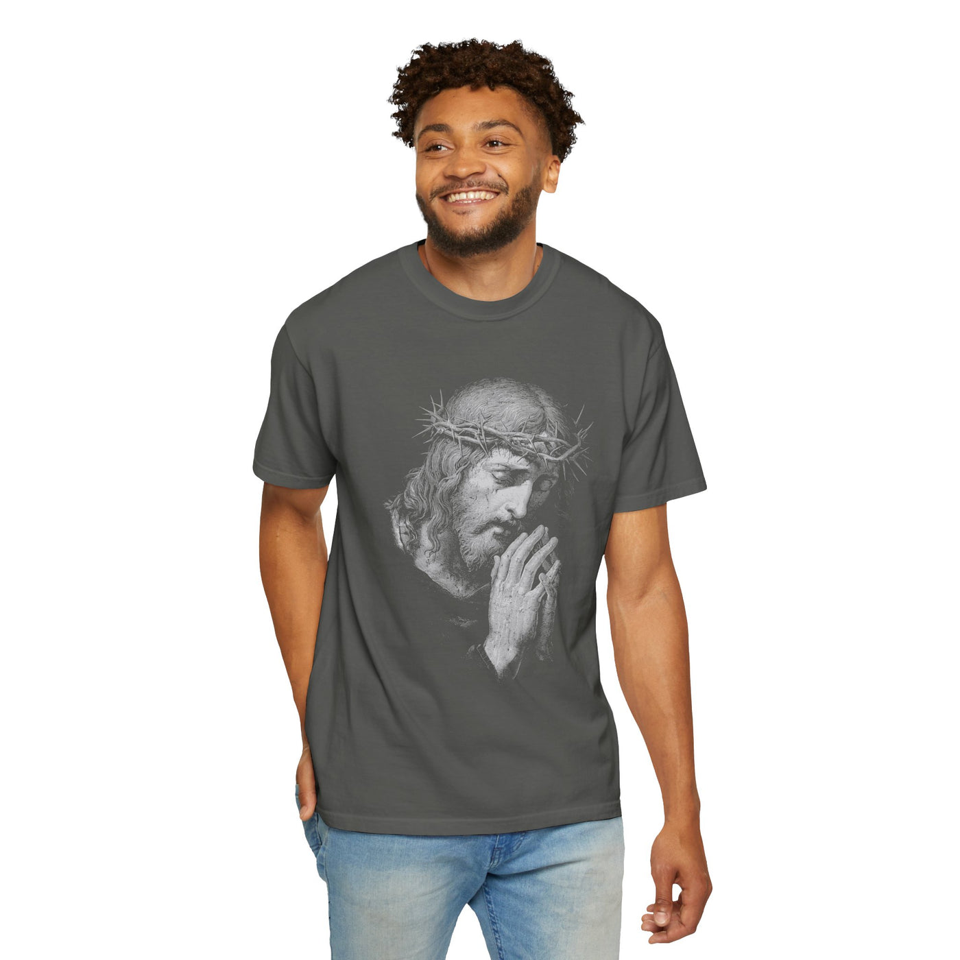 Jesus Praying Graphic Tee, Christian Faith T Shirt, Religious Streetwear Shirt, Vintage Jesus Shirt for Women Men