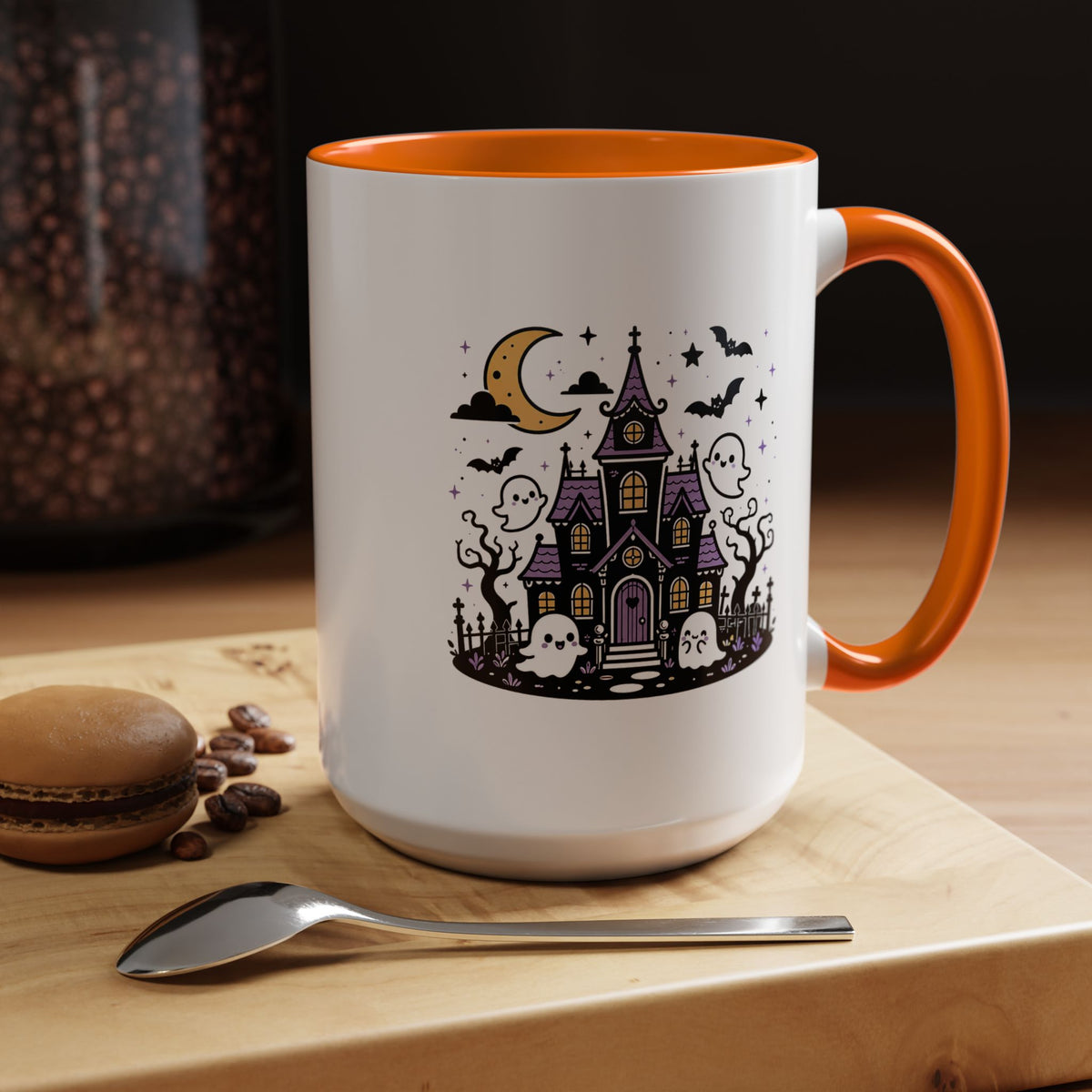 Cute Haunted House Mug, Kawaii Ghost Halloween Coffee Cup, Spooky Season Gift for Her, Purple Witchy Decor, Cozy Fall Birthday Present