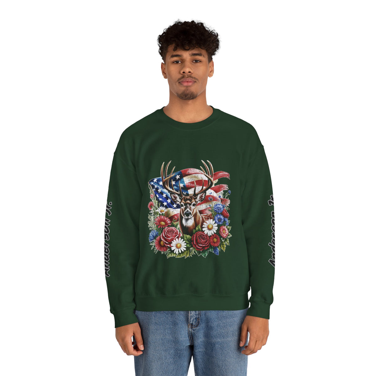 Personalized Hunting Family Sweatshirt, Custom Deer Patriotic Pullover, American Flag Floral Crewneck, Family Gift, Outdoorsman Shirt